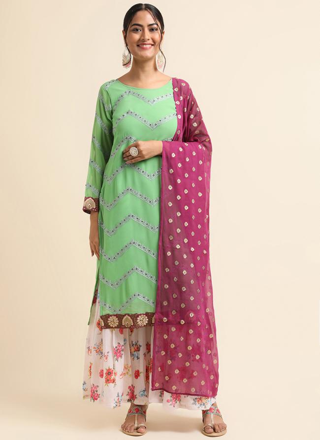 Faux Georgette Green Traditional Wear Zari Work Straight Suit